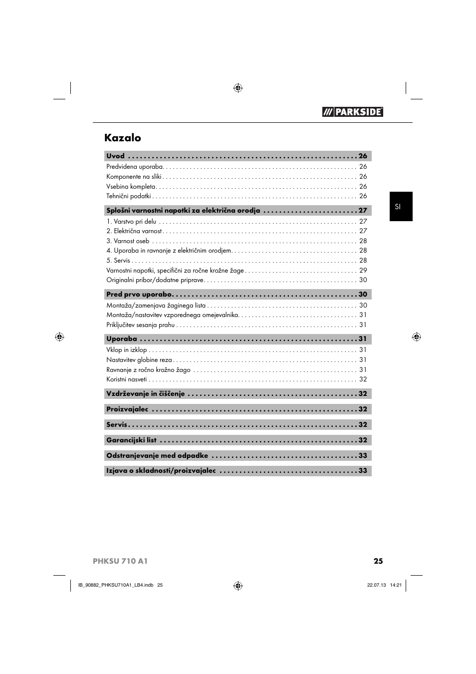 Kazalo | Parkside PHKSU 710 A1 User Manual | Page 28 / 64