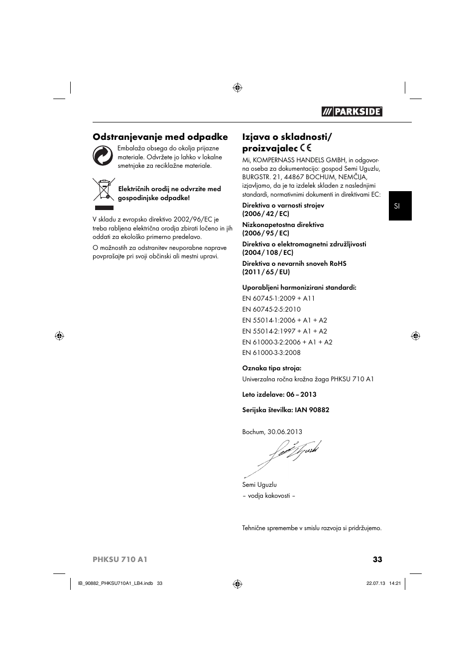 Odstranjevanje med odpadke, Izjava o skladnosti/ proizvajalec | Parkside PHKSU 710 A1 User Manual | Page 36 / 64