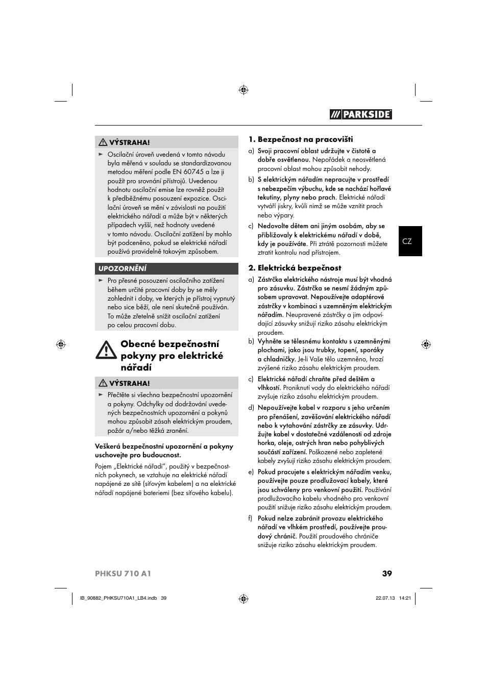 Obecné bezpečnostní pokyny pro elektrické nářadí | Parkside PHKSU 710 A1 User Manual | Page 42 / 64