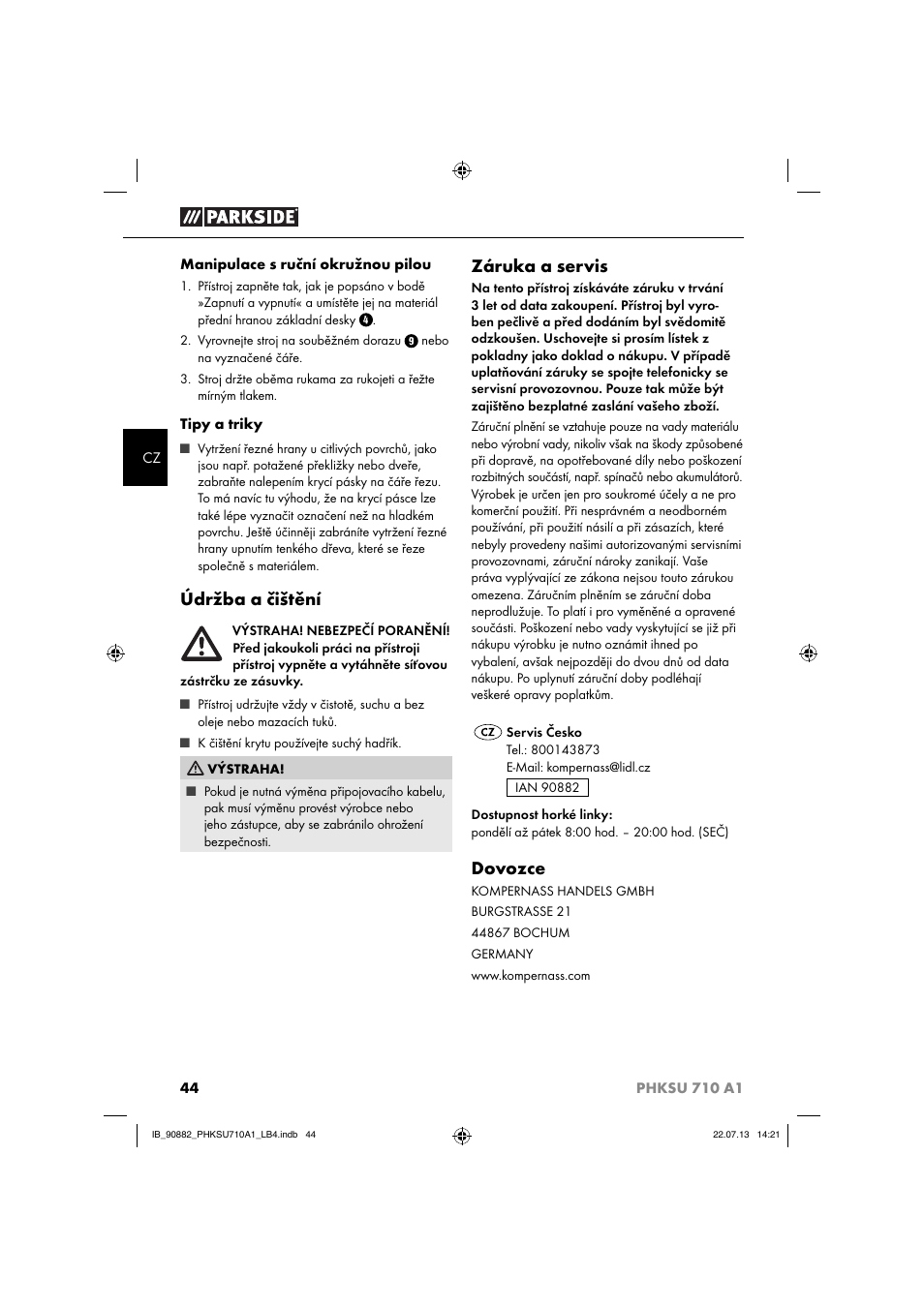 Údržba a čištění, Záruka a servis, Dovozce | Parkside PHKSU 710 A1 User Manual | Page 47 / 64