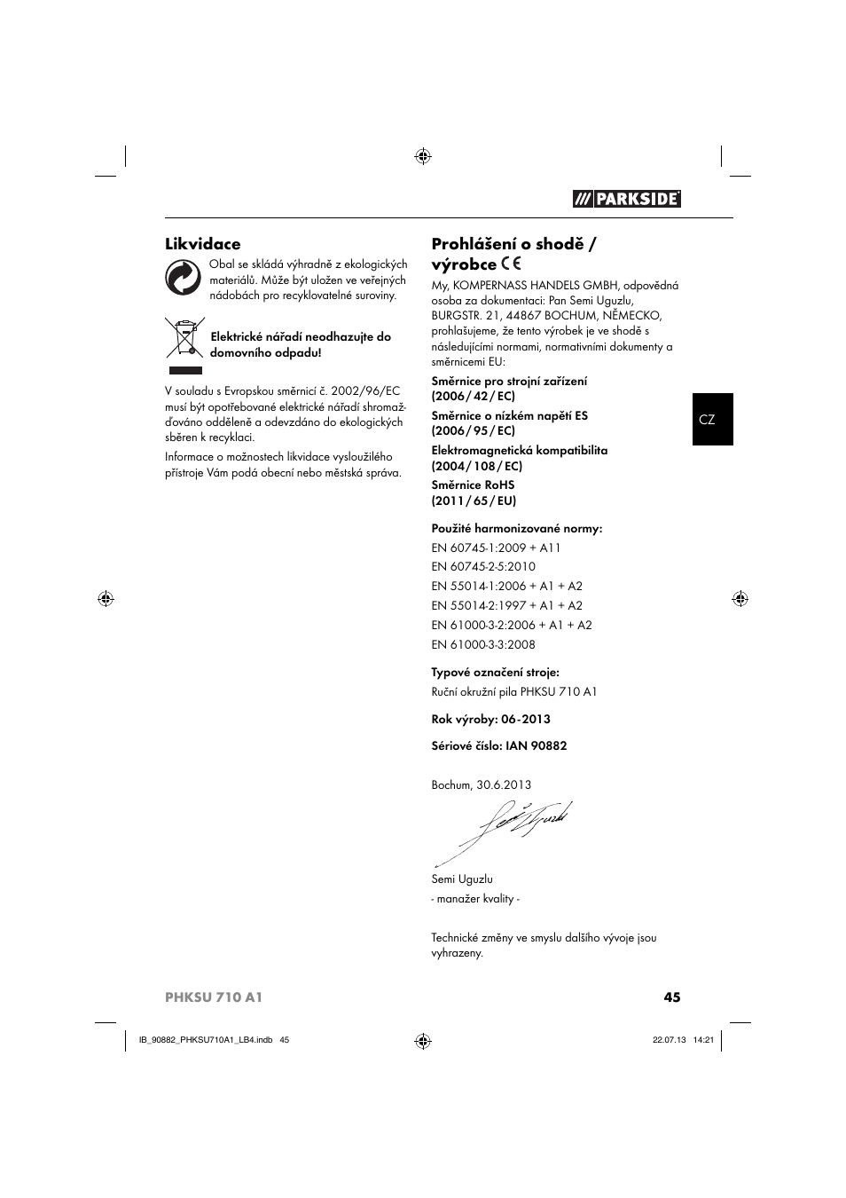 Likvidace, Prohlášení o shodě / výrobce | Parkside PHKSU 710 A1 User Manual | Page 48 / 64