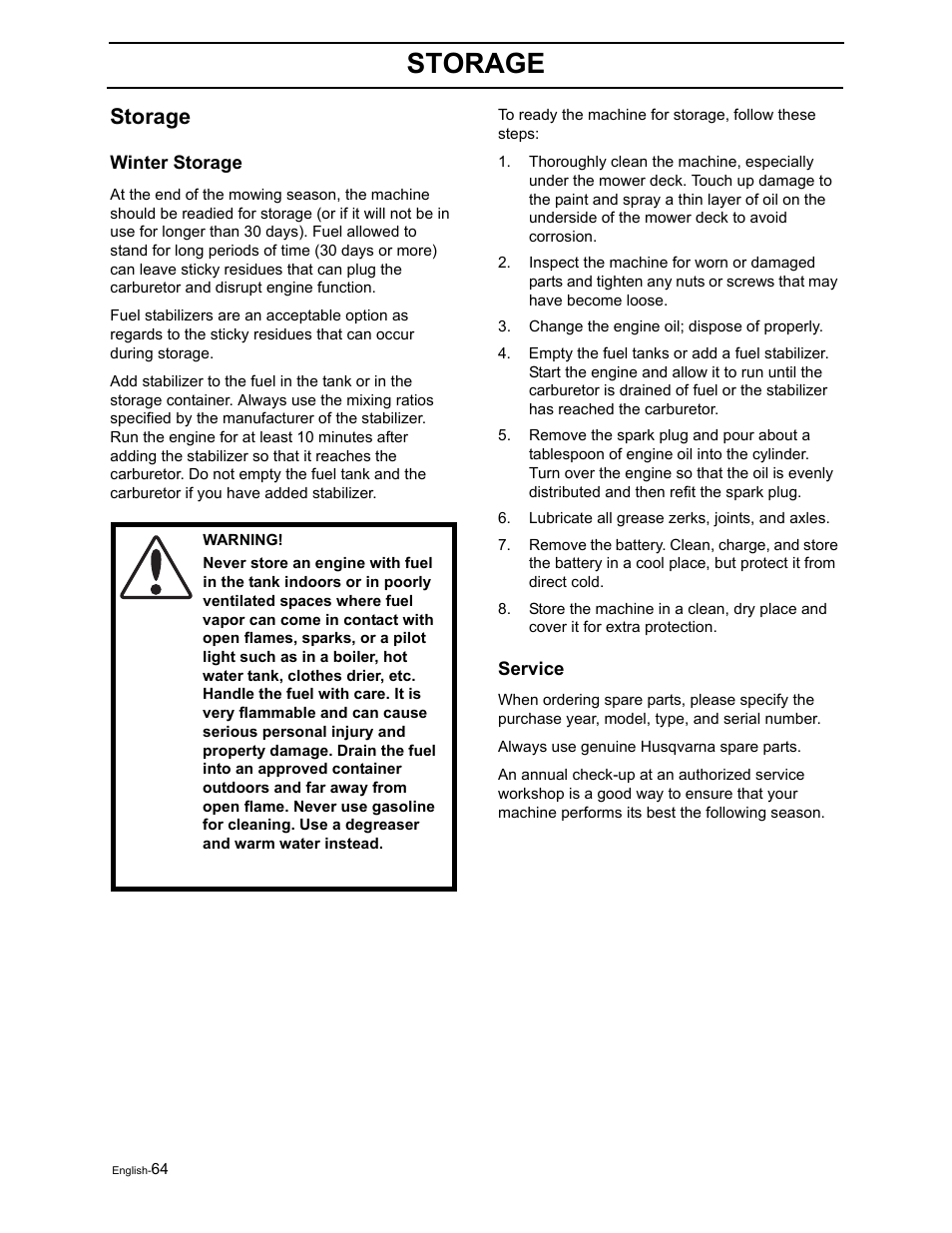 Storage | Dixon RAM 50 / 968999552 User Manual | Page 66 / 88