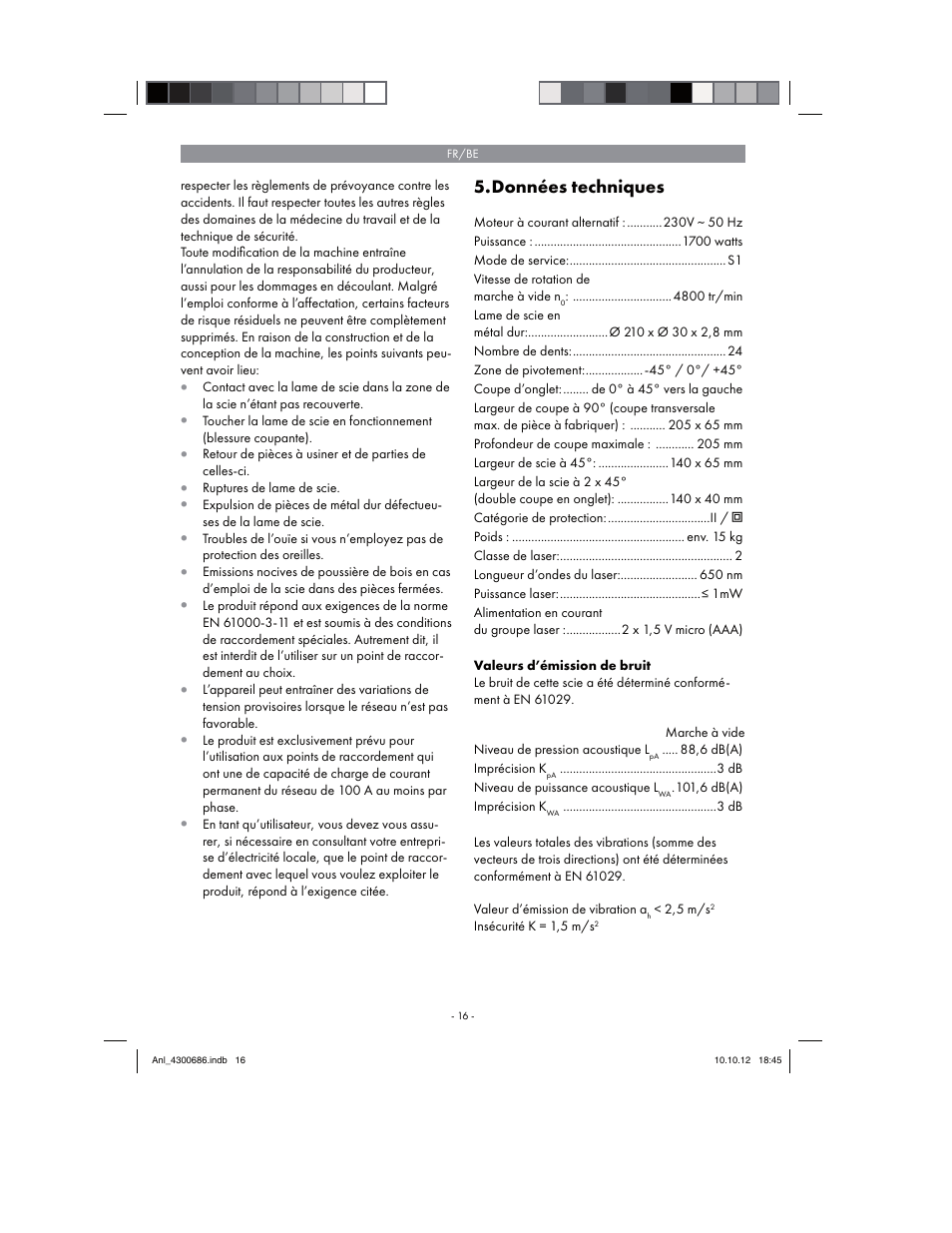 Données techniques | Parkside PKS 1700 B2 User Manual | Page 16 / 58