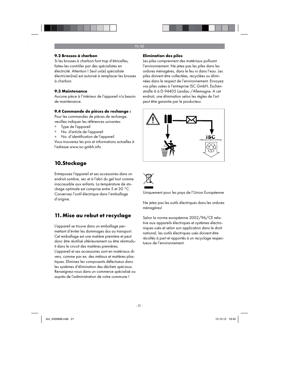 Stockage, Mise au rebut et recyclage | Parkside PKS 1700 B2 User Manual | Page 21 / 58