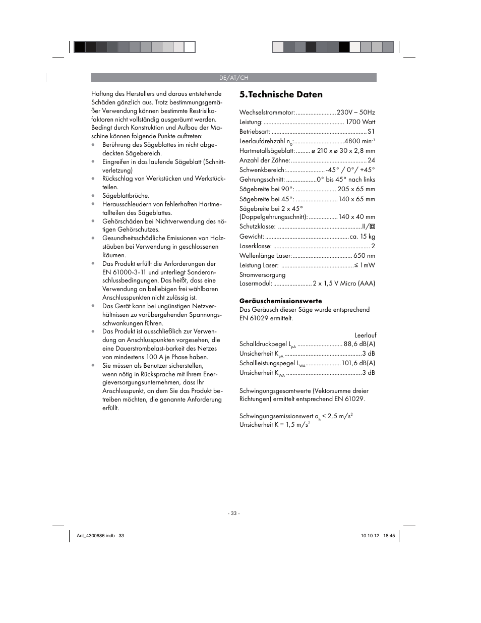 Technische daten | Parkside PKS 1700 B2 User Manual | Page 33 / 58