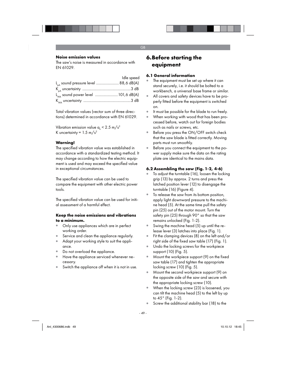 Before starting the equipment | Parkside PKS 1700 B2 User Manual | Page 49 / 58