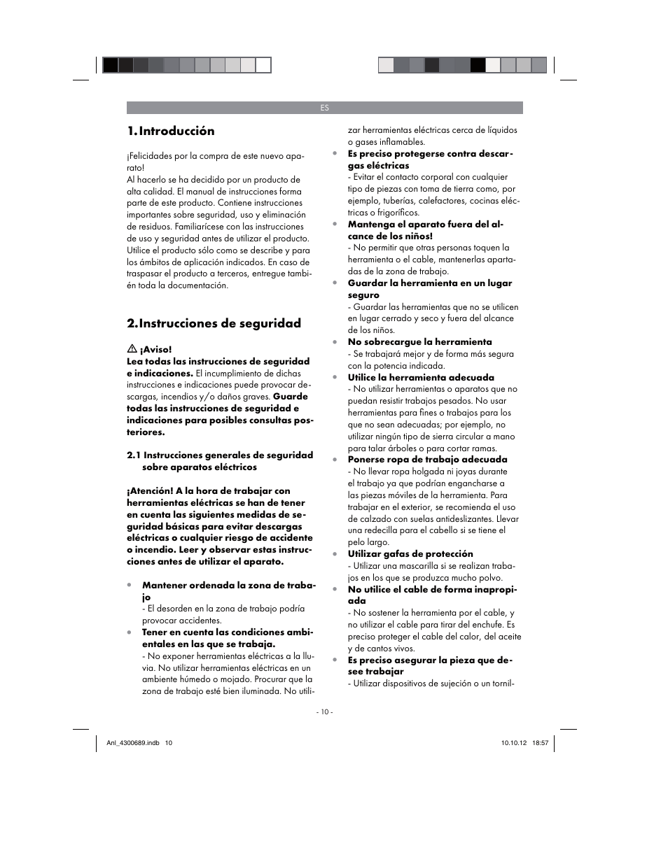 Introducción, Instrucciones de seguridad | Parkside PKS 1700 B2 User Manual | Page 10 / 90