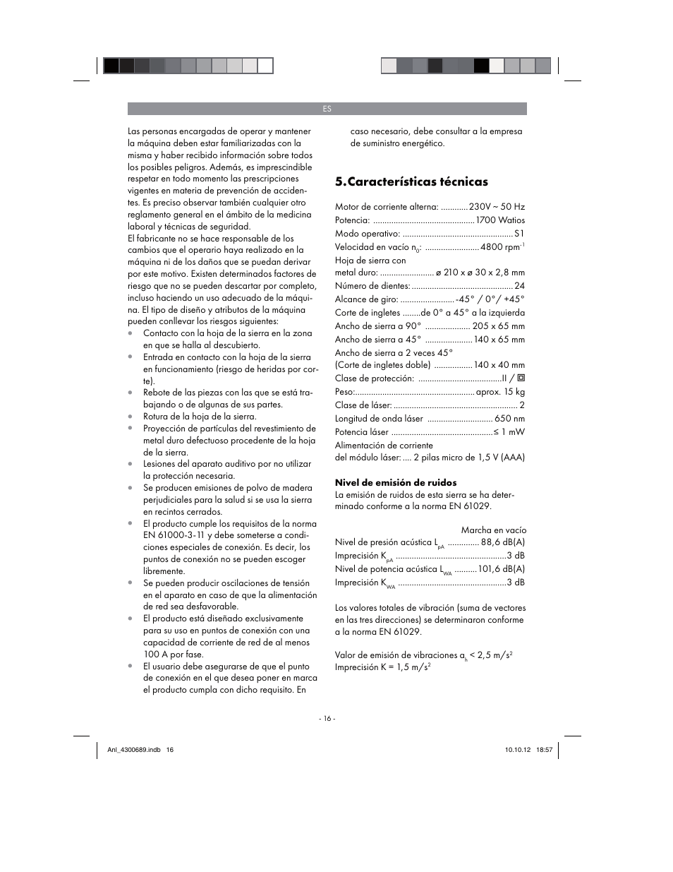 Características técnicas | Parkside PKS 1700 B2 User Manual | Page 16 / 90