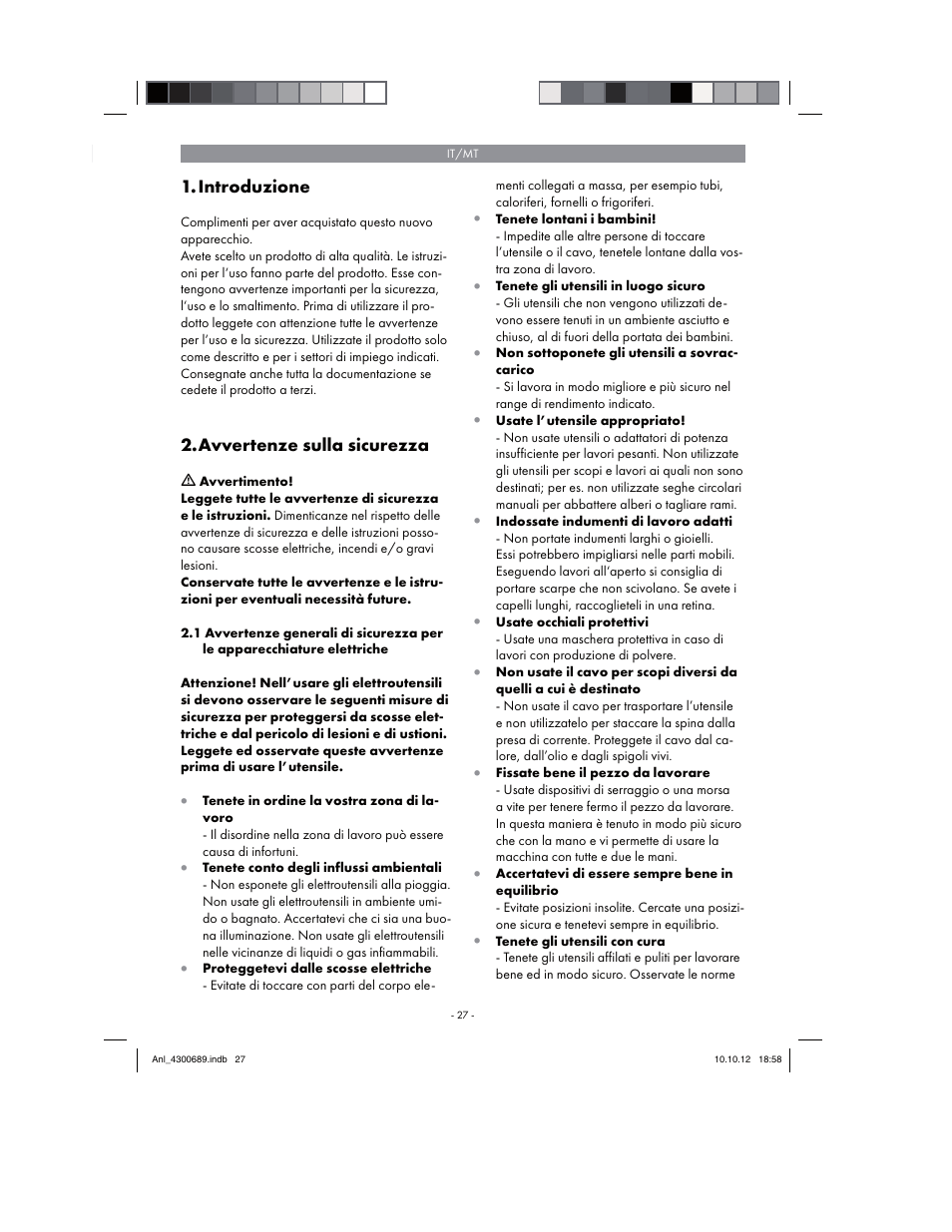 Introduzione, Avvertenze sulla sicurezza | Parkside PKS 1700 B2 User Manual | Page 27 / 90