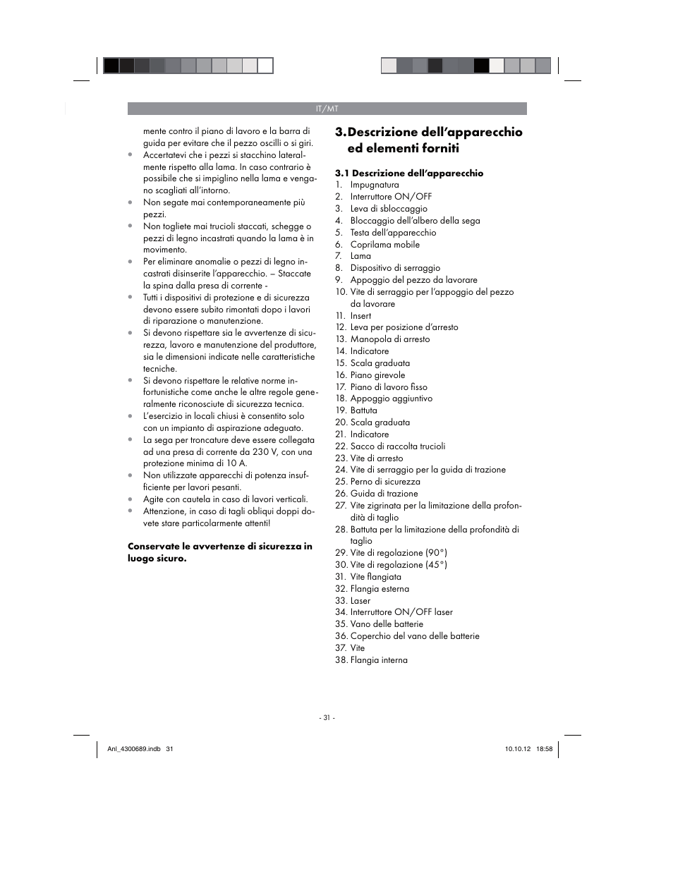 Descrizione dell’apparecchio ed elementi forniti | Parkside PKS 1700 B2 User Manual | Page 31 / 90