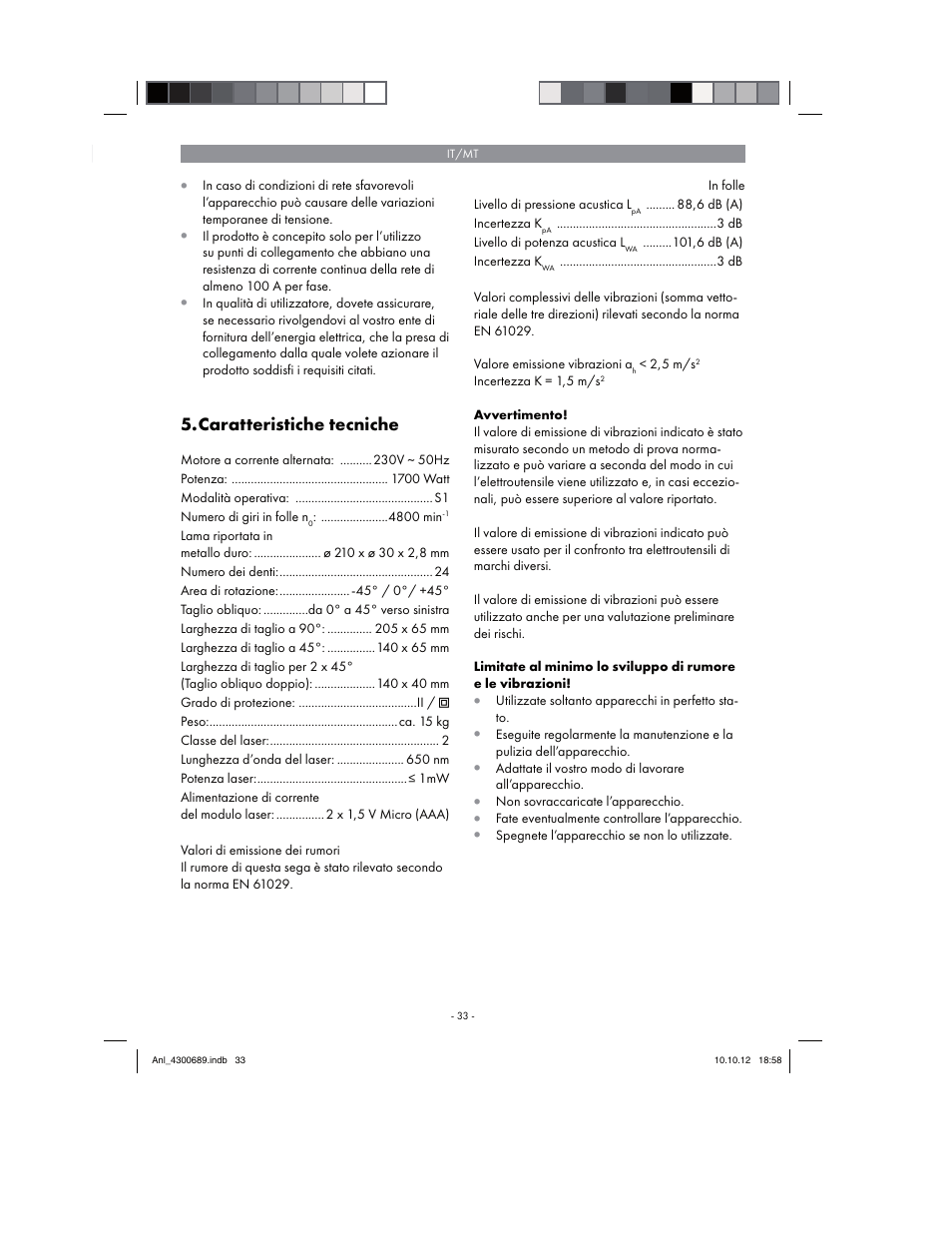 Caratteristiche tecniche | Parkside PKS 1700 B2 User Manual | Page 33 / 90