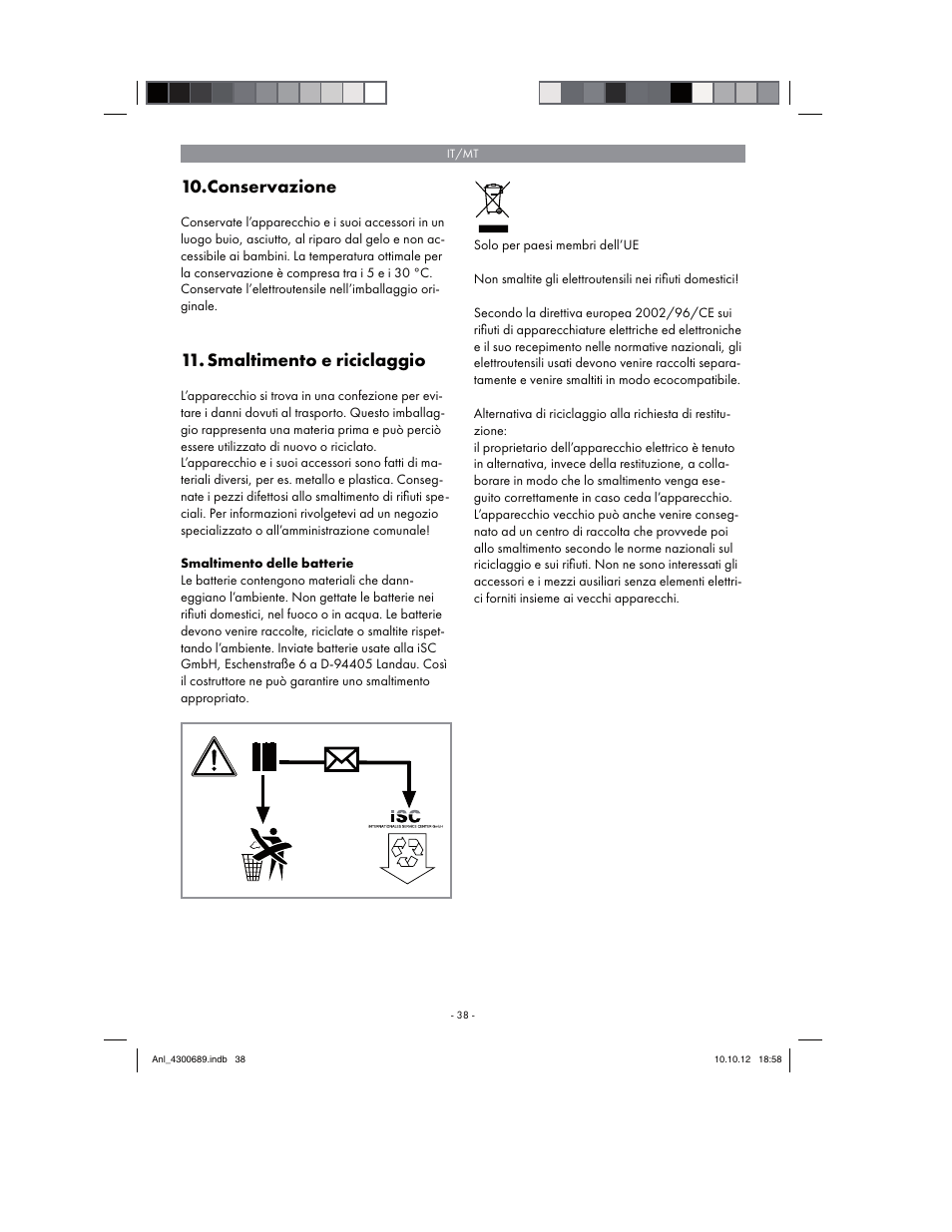 Conservazione, Smaltimento e riciclaggio | Parkside PKS 1700 B2 User Manual | Page 38 / 90