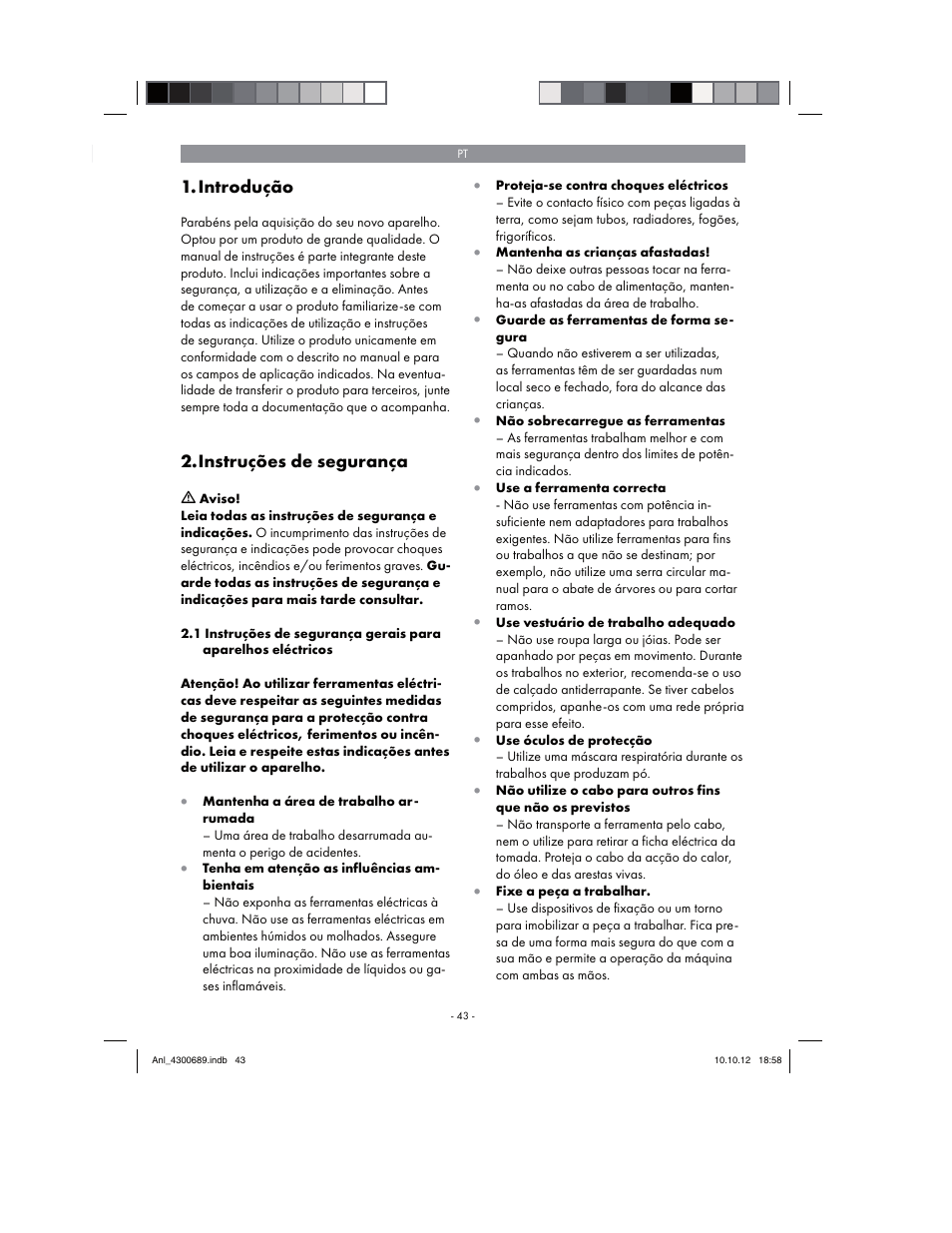 Introdução, Instruções de segurança | Parkside PKS 1700 B2 User Manual | Page 43 / 90