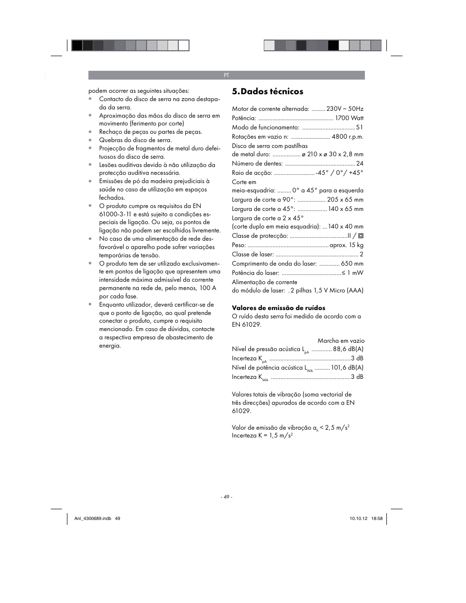 Dados técnicos | Parkside PKS 1700 B2 User Manual | Page 49 / 90