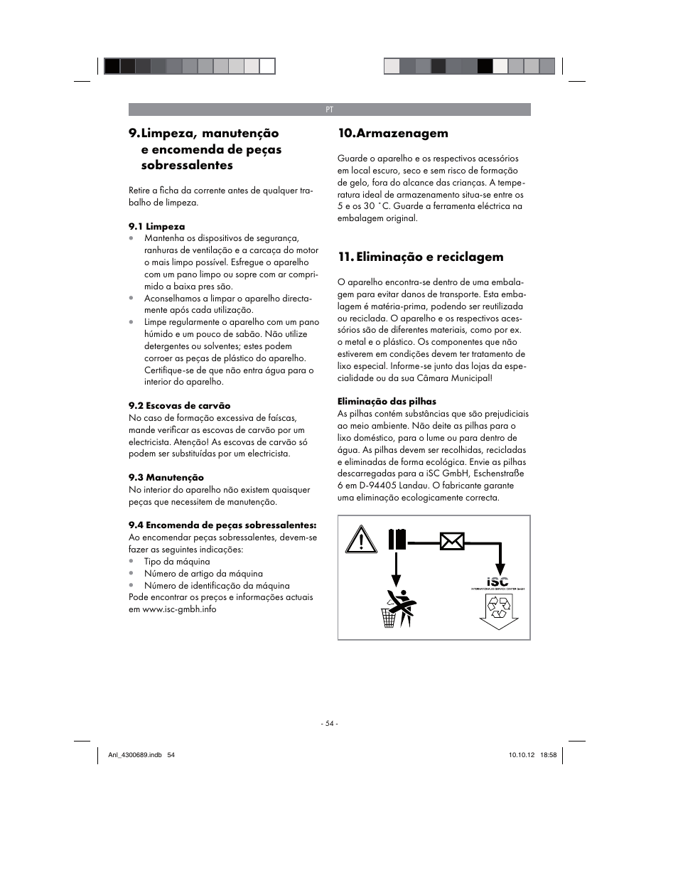 Armazenagem, Eliminação e reciclagem | Parkside PKS 1700 B2 User Manual | Page 54 / 90