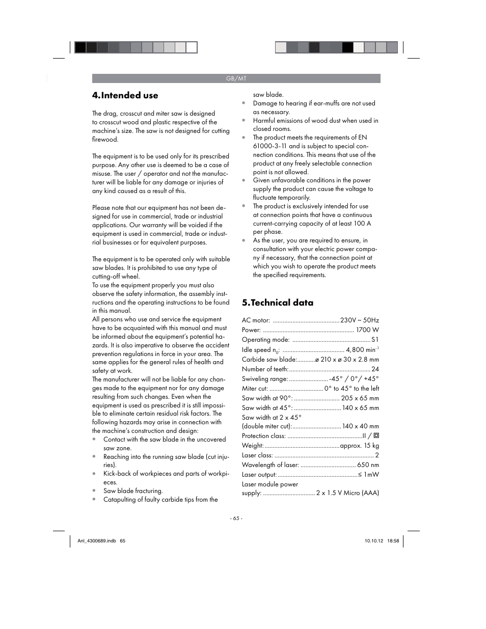 Intended use, Technical data | Parkside PKS 1700 B2 User Manual | Page 65 / 90