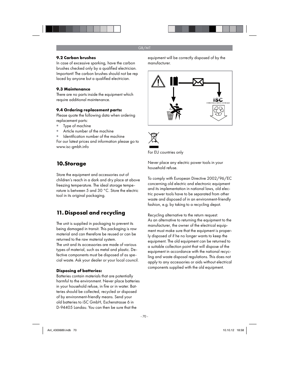 Storage, Disposal and recycling | Parkside PKS 1700 B2 User Manual | Page 70 / 90