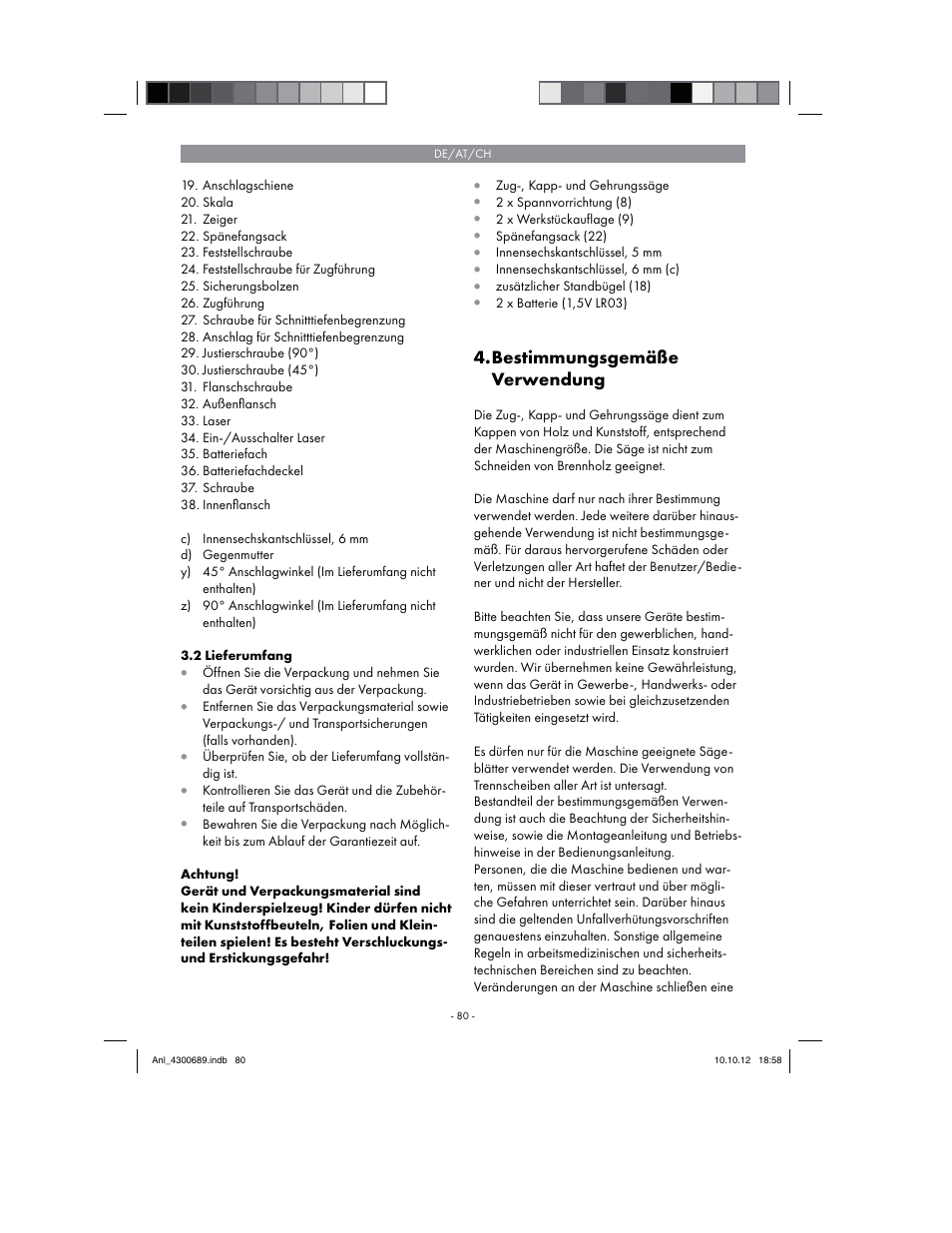 Bestimmungsgemäße verwendung | Parkside PKS 1700 B2 User Manual | Page 80 / 90