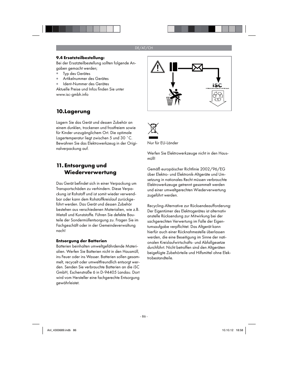 Lagerung, Entsorgung und wiederverwertung | Parkside PKS 1700 B2 User Manual | Page 86 / 90