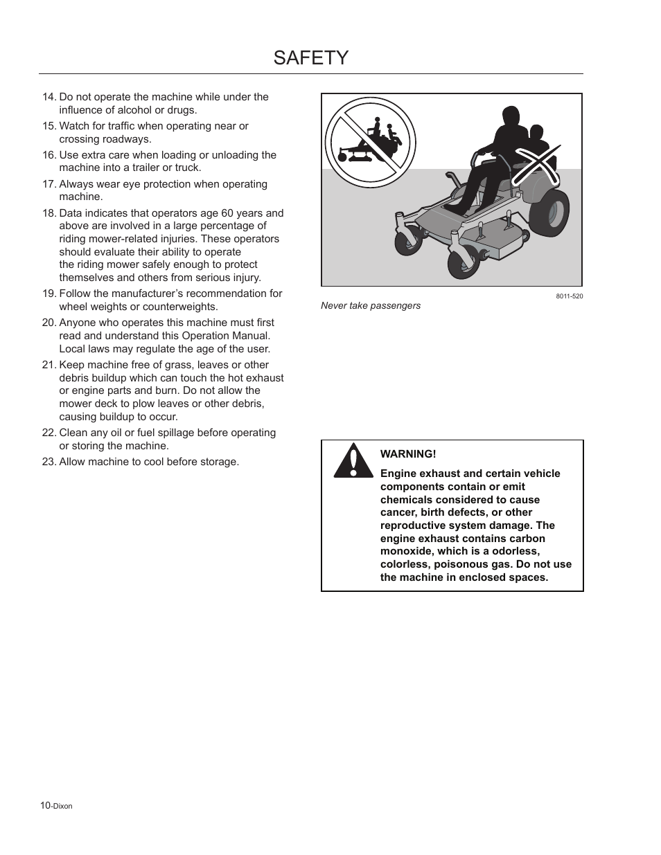 Safety | Dixon Kodiak 965884601 User Manual | Page 10 / 72