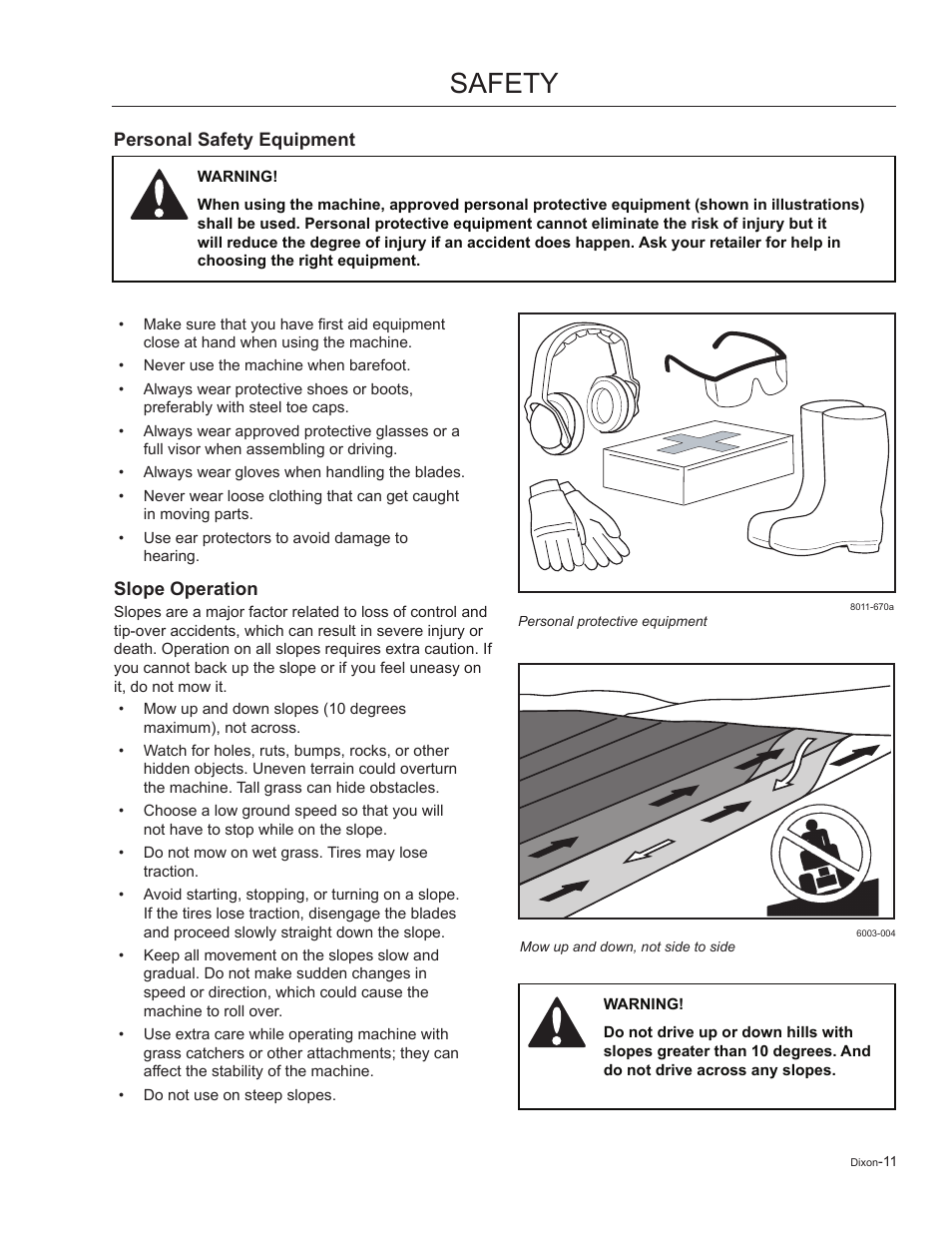 Personal safety equipment, Slope operation, Safety | Dixon Kodiak 965884601 User Manual | Page 11 / 72