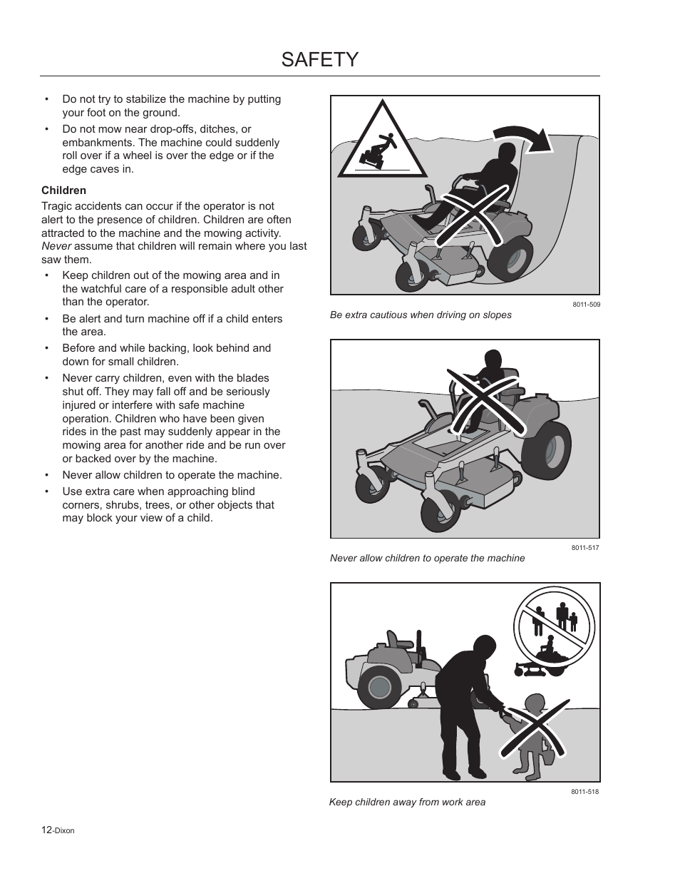 Safety | Dixon Kodiak 965884601 User Manual | Page 12 / 72