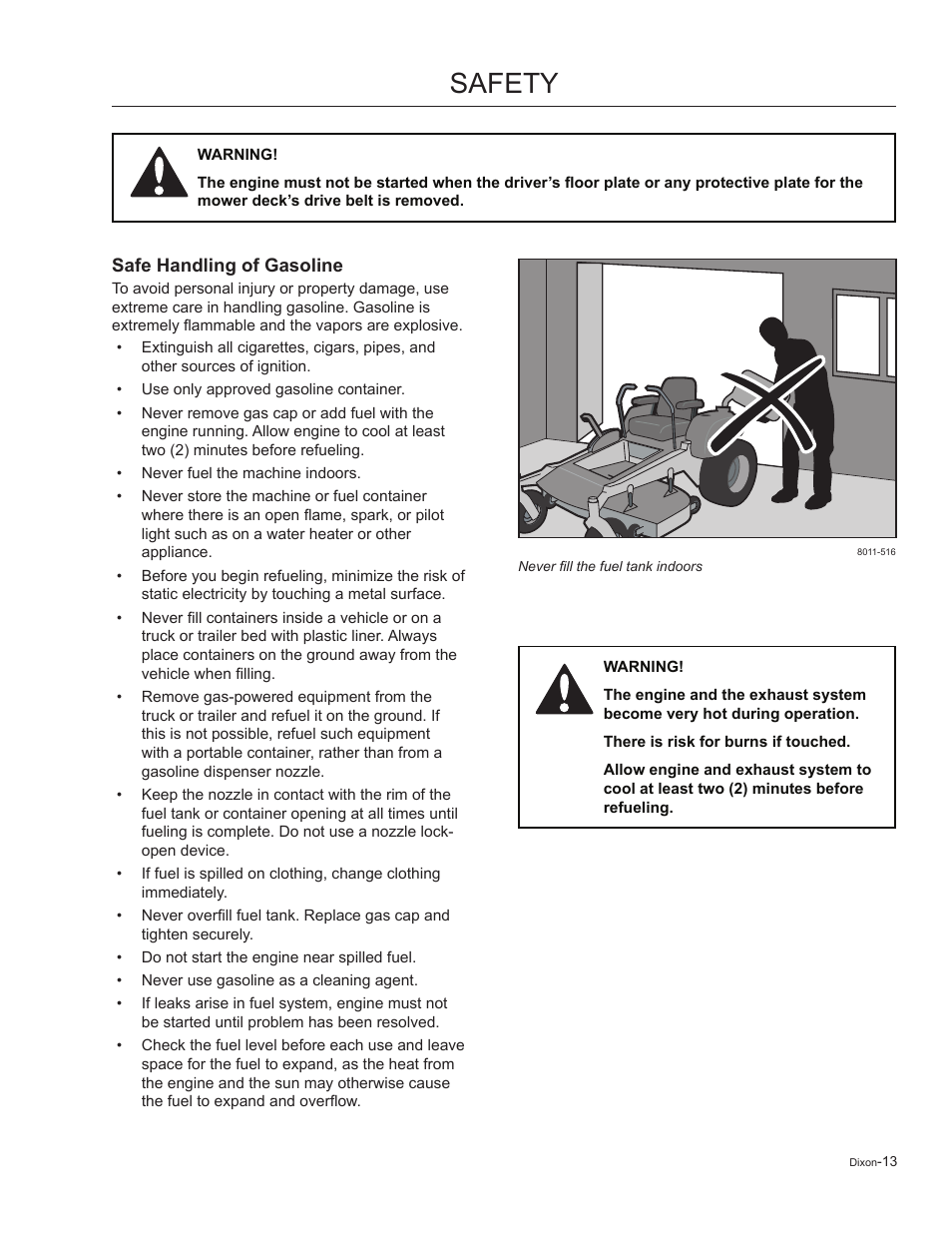 Safe handling of gasoline, Safety | Dixon Kodiak 965884601 User Manual | Page 13 / 72