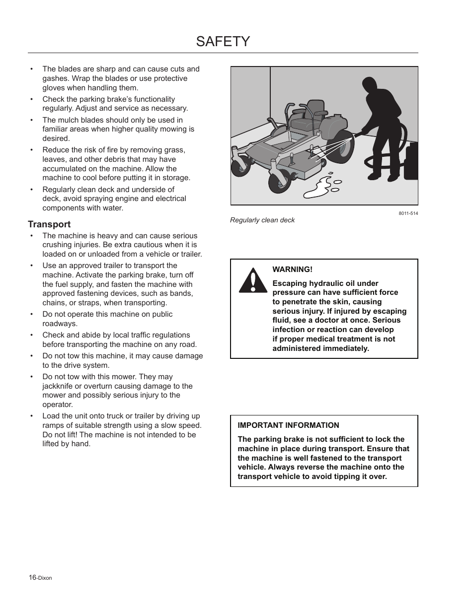 Transport, Safety | Dixon Kodiak 965884601 User Manual | Page 16 / 72