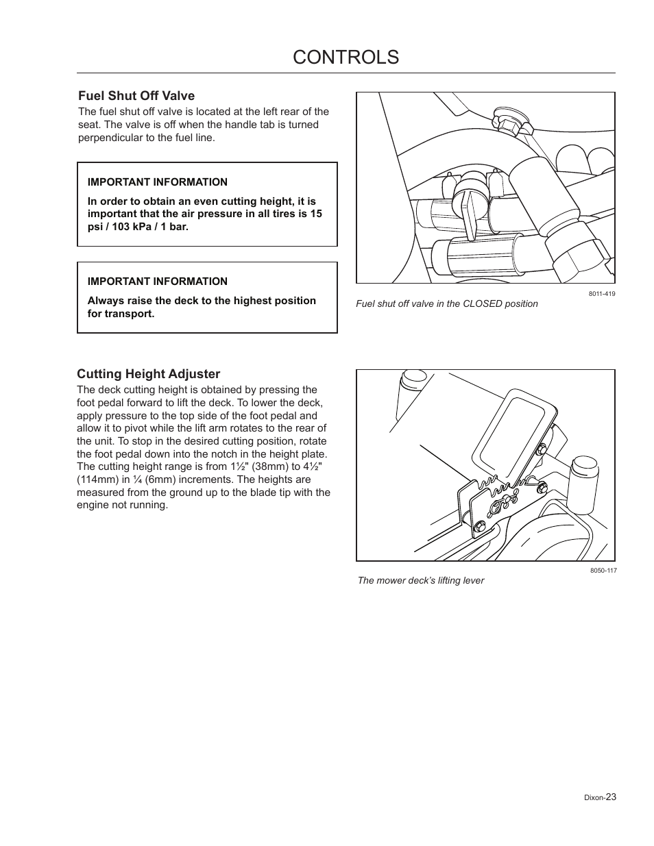 Fuel shut off valve, Cutting height adjuster, Controls | Dixon Kodiak 965884601 User Manual | Page 23 / 72