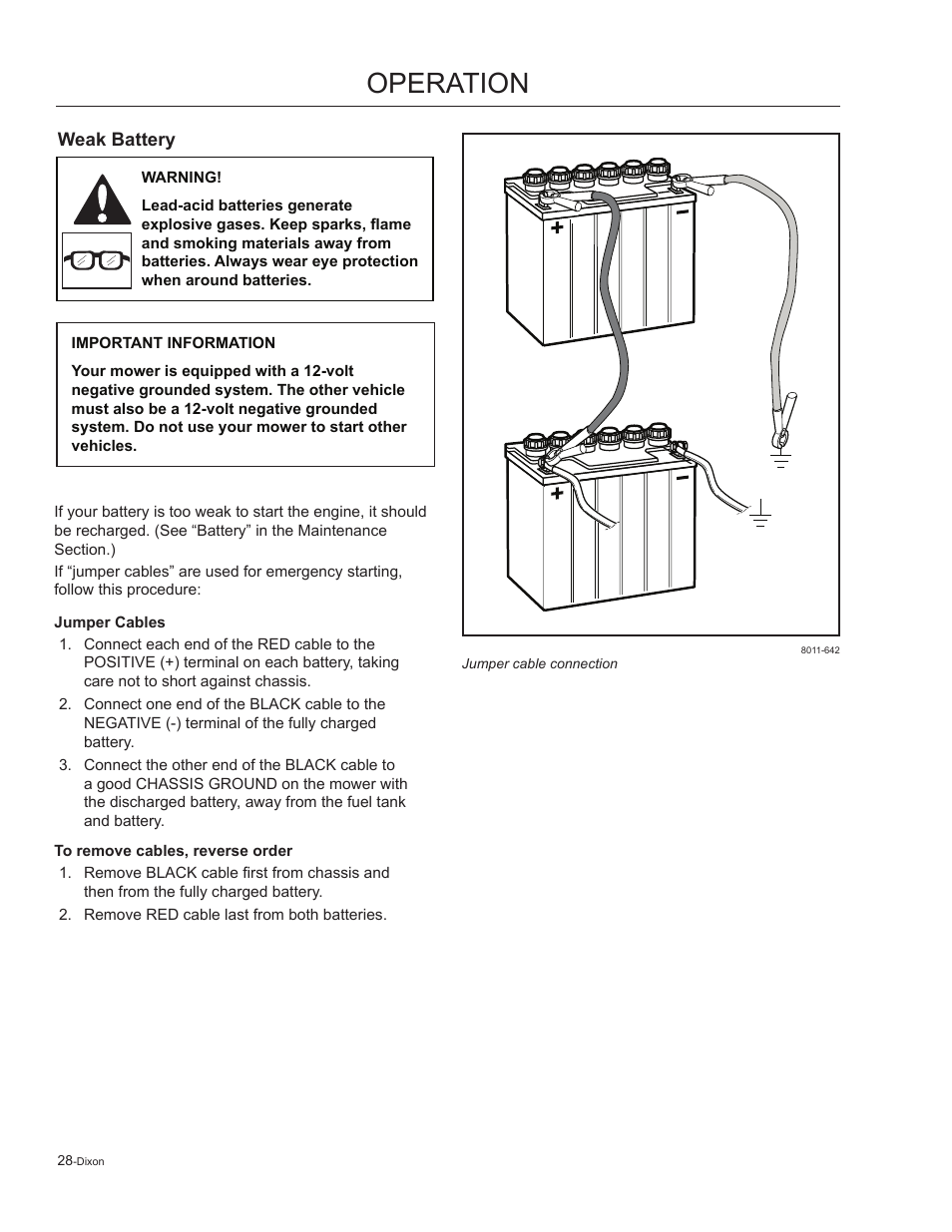 Weak battery, Jumper cables, Operation | Dixon Kodiak 965884601 User Manual | Page 28 / 72