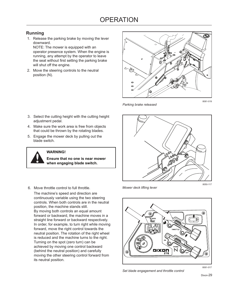 Running, Operation | Dixon Kodiak 965884601 User Manual | Page 29 / 72
