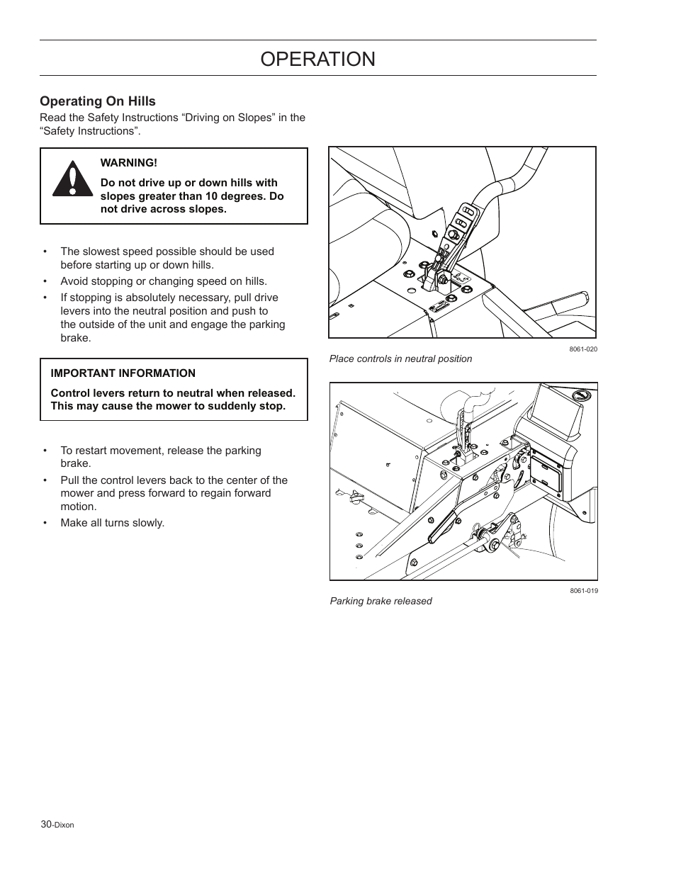 Operating on hills, Operation | Dixon Kodiak 965884601 User Manual | Page 30 / 72