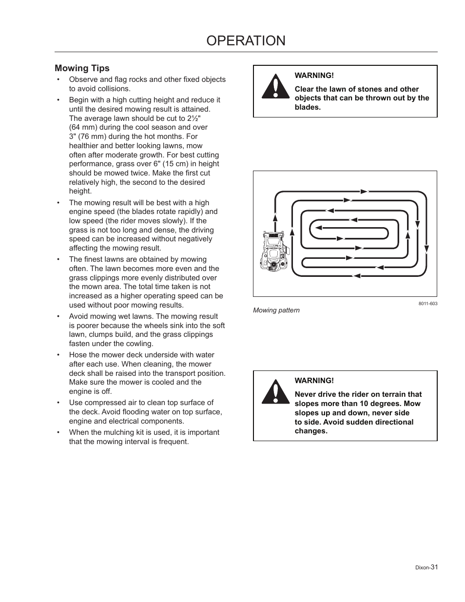 Mowing tips, Operation | Dixon Kodiak 965884601 User Manual | Page 31 / 72