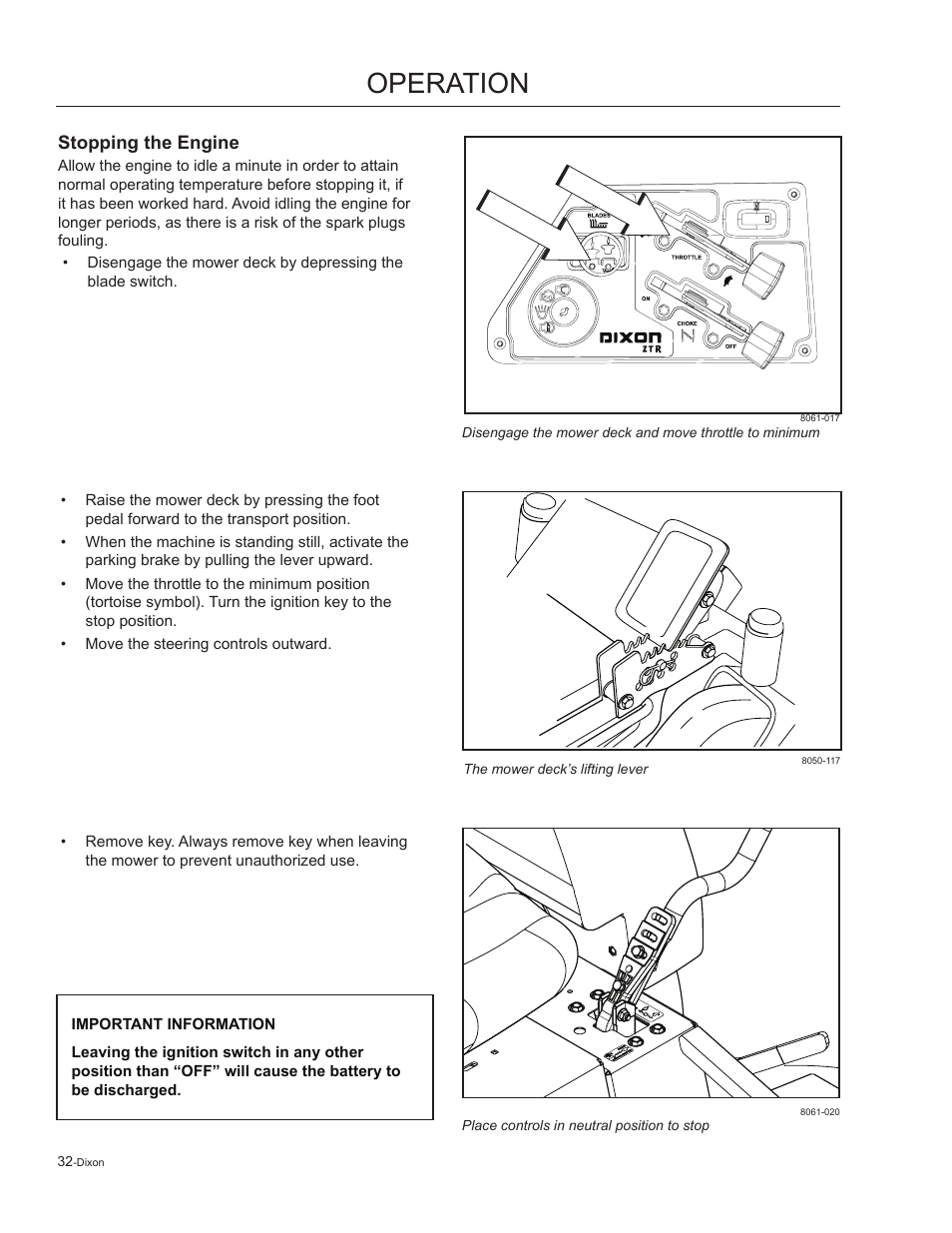 Stopping the engine, Operation | Dixon Kodiak 965884601 User Manual | Page 32 / 72