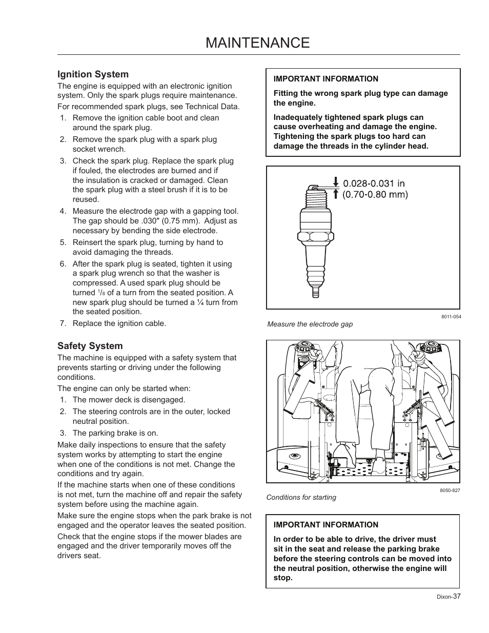 Ignition system, Safety system, Maintenance | Dixon Kodiak 965884601 User Manual | Page 37 / 72