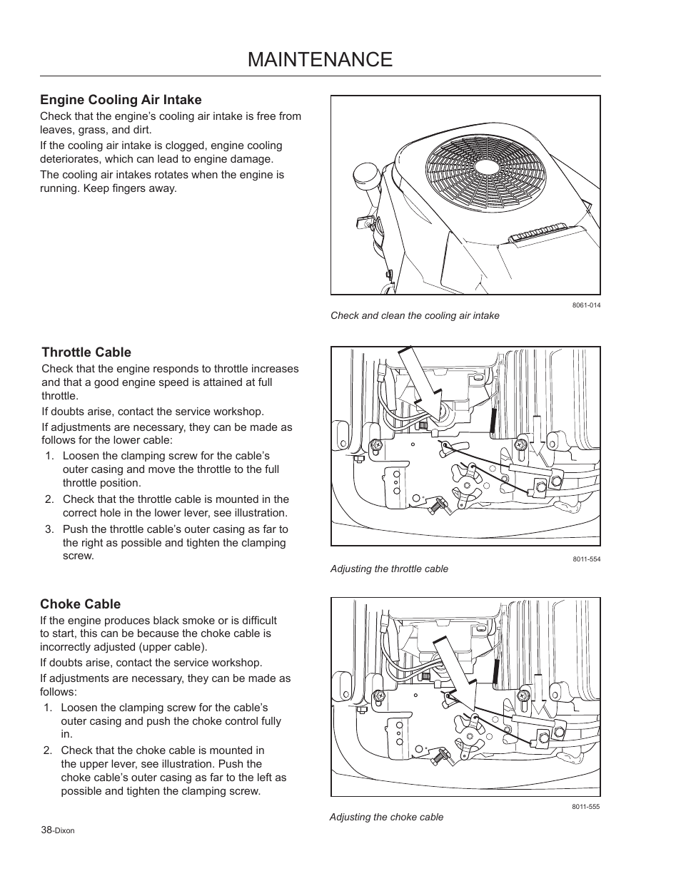 Engine cooling air intake, Throttle cable, Choke cable | Maintenance | Dixon Kodiak 965884601 User Manual | Page 38 / 72