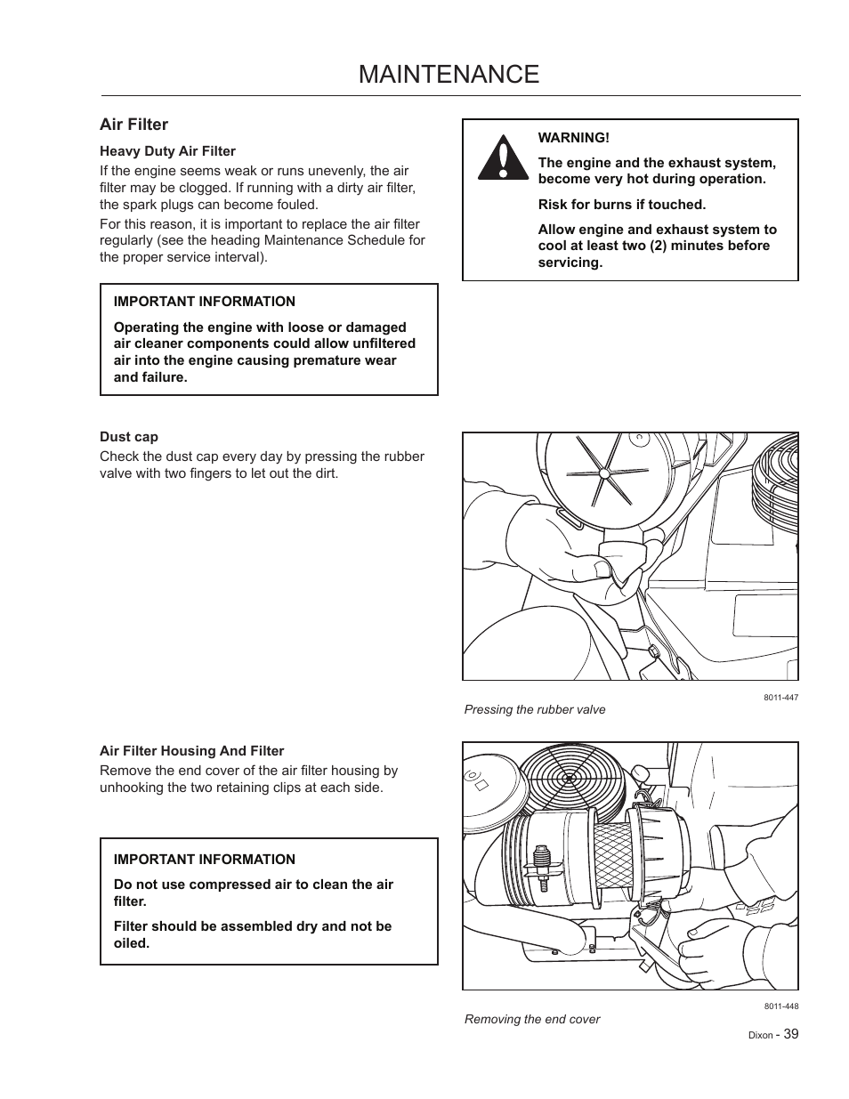 Air filter, Heavy duty air filter, Dust cap | Maintenance | Dixon Kodiak 965884601 User Manual | Page 39 / 72