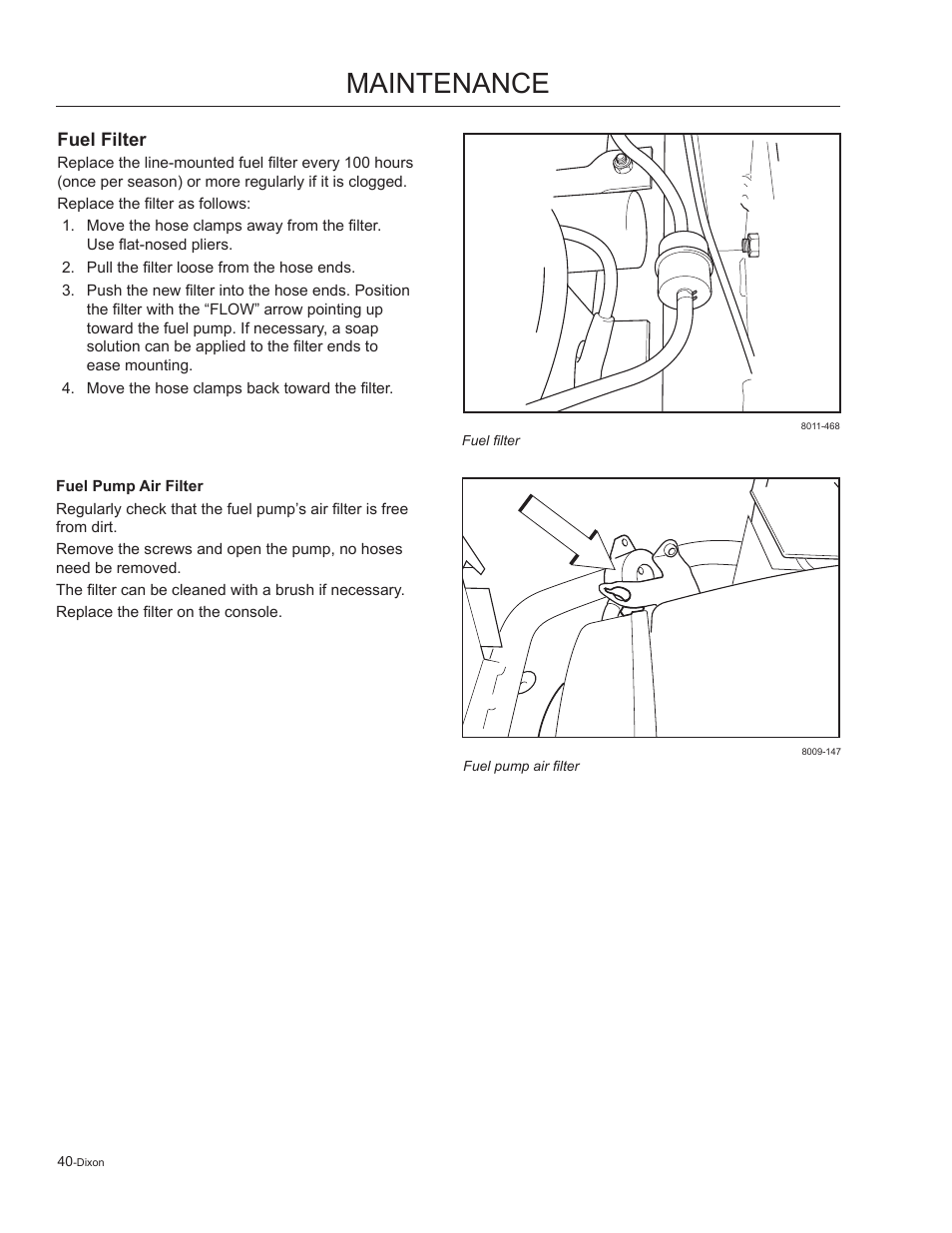 Fuel filter, Maintenance | Dixon Kodiak 965884601 User Manual | Page 40 / 72