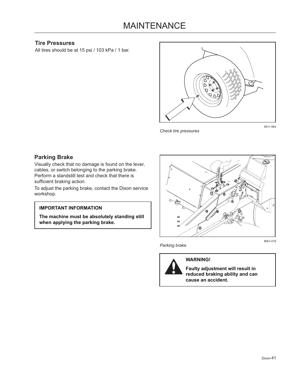 Tire pressures, Parking brake, Maintenance | Dixon Kodiak 965884601 User Manual | Page 41 / 72
