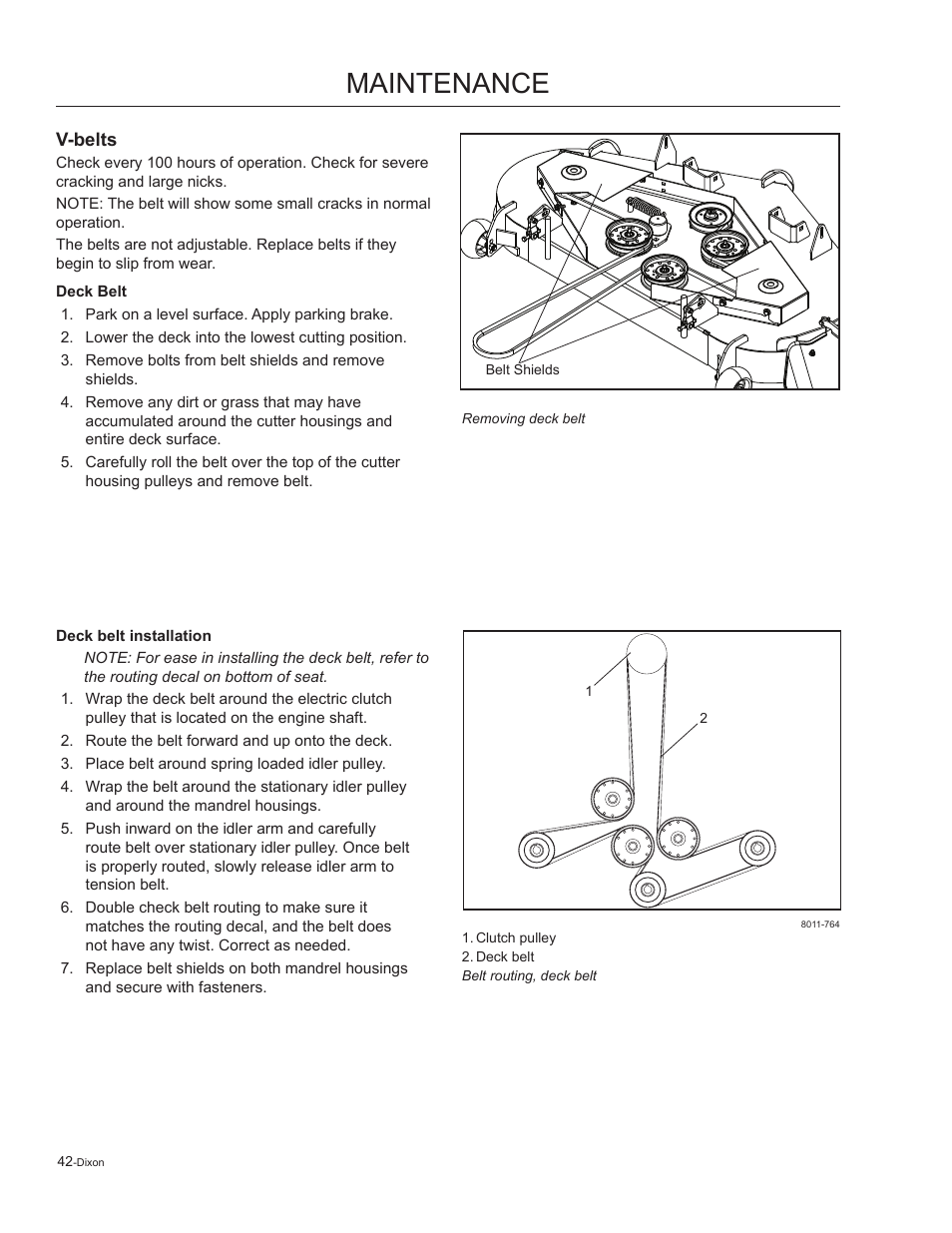 V-belts, Deck belt, Maintenance | Dixon Kodiak 965884601 User Manual | Page 42 / 72