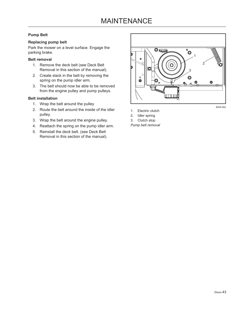 Pump belt, Maintenance | Dixon Kodiak 965884601 User Manual | Page 43 / 72