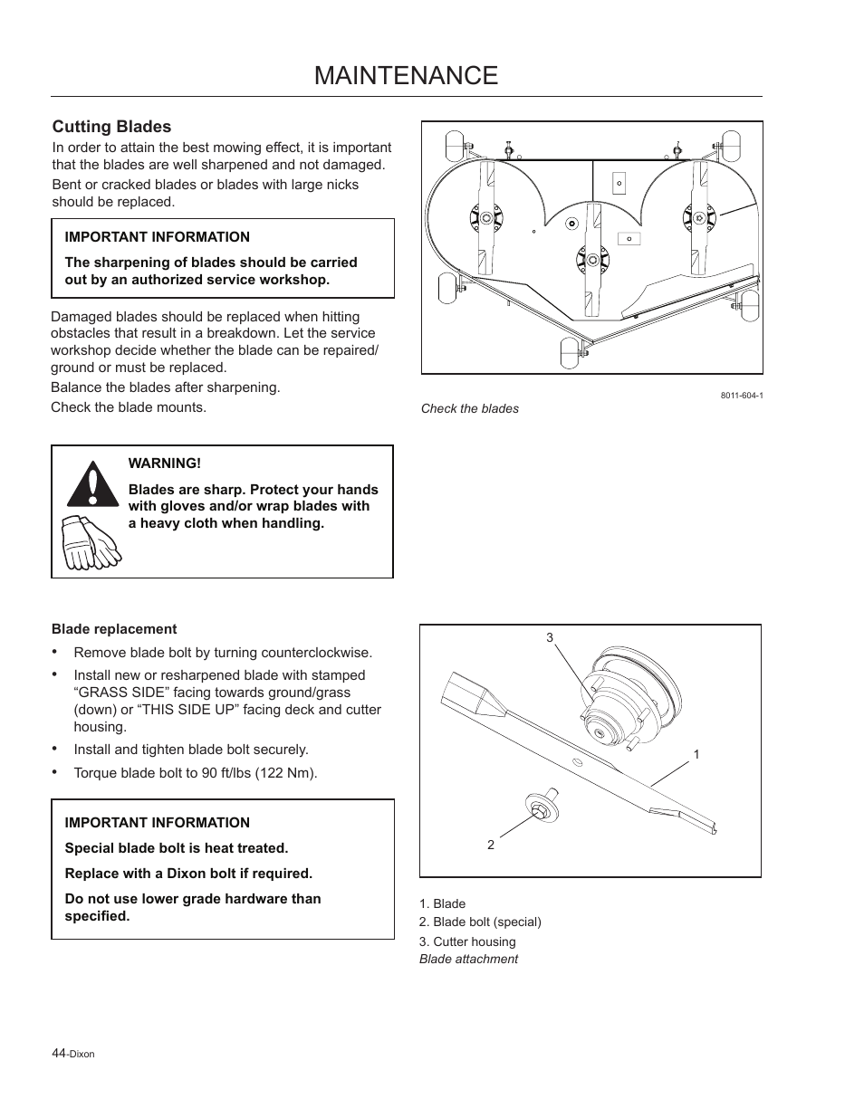 Cutting blades, Blade replacement, Maintenance | Dixon Kodiak 965884601 User Manual | Page 44 / 72