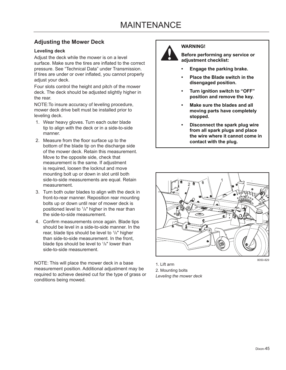 Adjusting the mower deck, Leveling deck, Maintenance | Dixon Kodiak 965884601 User Manual | Page 45 / 72
