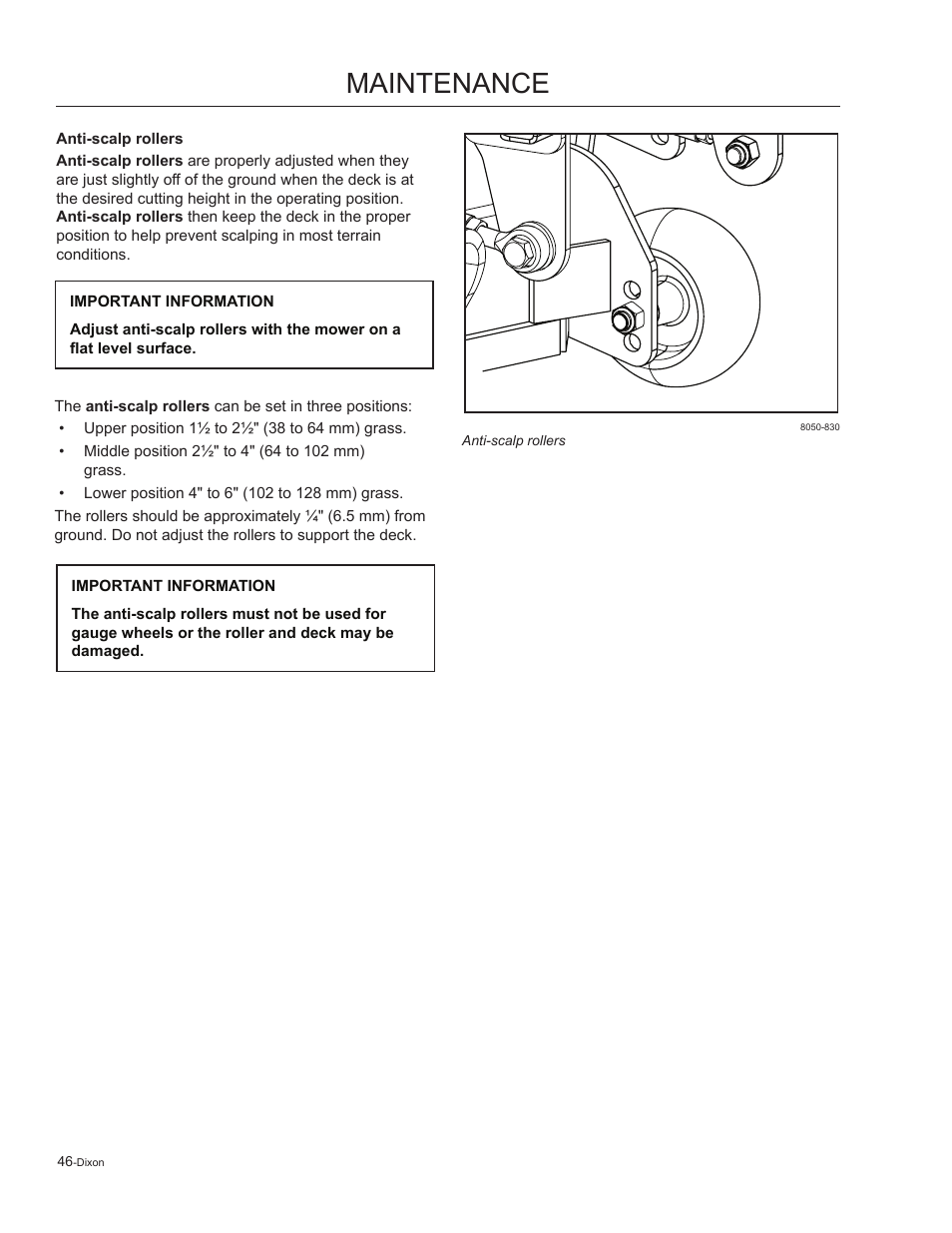 Anti-scalp rollers, Maintenance | Dixon Kodiak 965884601 User Manual | Page 46 / 72