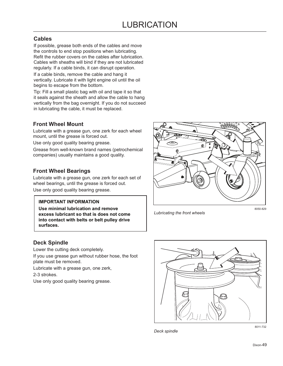 Cables, Front wheel mount, Front wheel bearings | Deck spindle, Lubrication | Dixon Kodiak 965884601 User Manual | Page 49 / 72