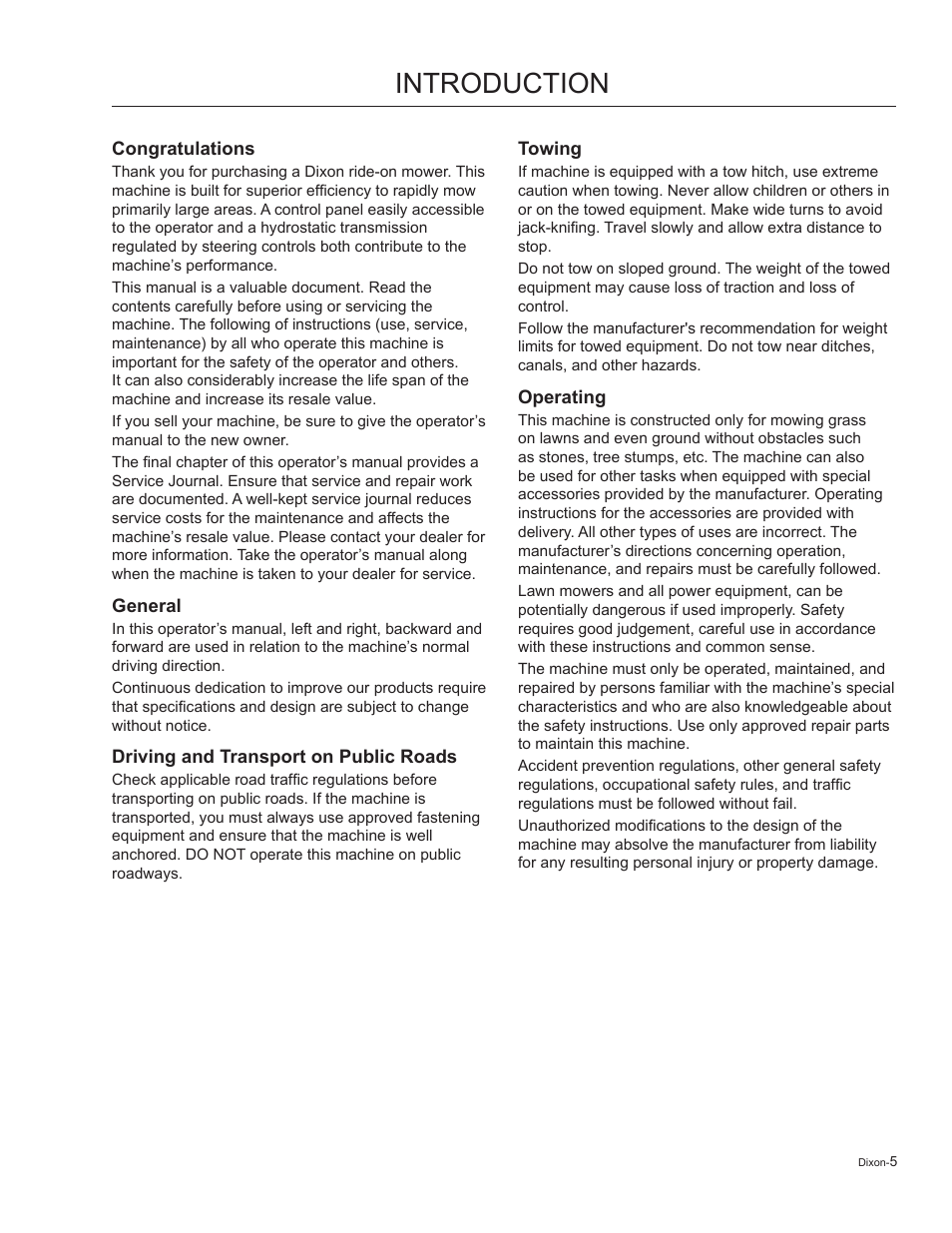 Introduction, Driving and transport on public roads, Towing | Operating | Dixon Kodiak 965884601 User Manual | Page 5 / 72