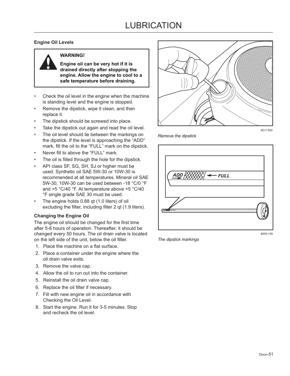 Engine oil levels, Changing the engine oil, Lubrication | Dixon Kodiak 965884601 User Manual | Page 51 / 72