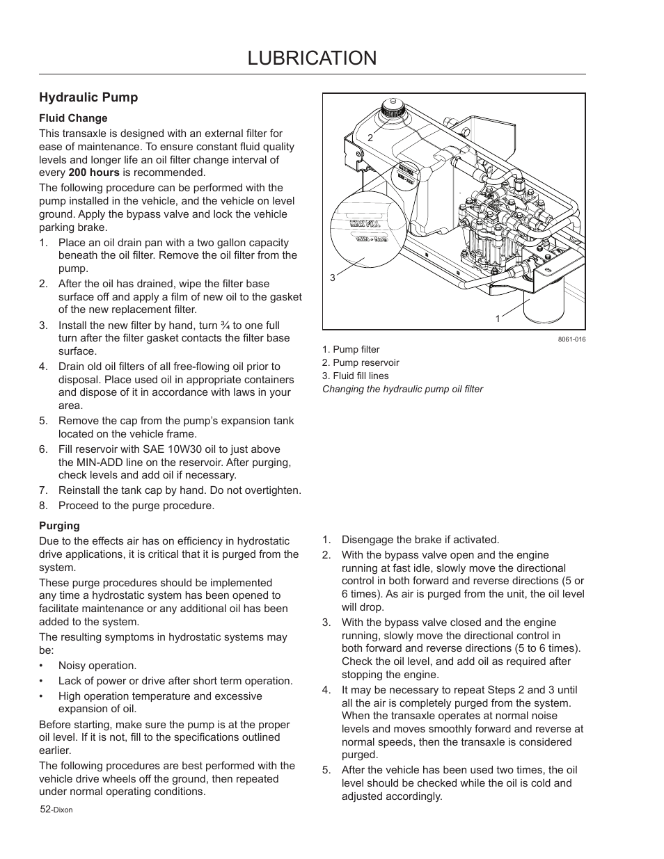 Hydraulic pump, Fluid change, Purging | Lubrication | Dixon Kodiak 965884601 User Manual | Page 52 / 72