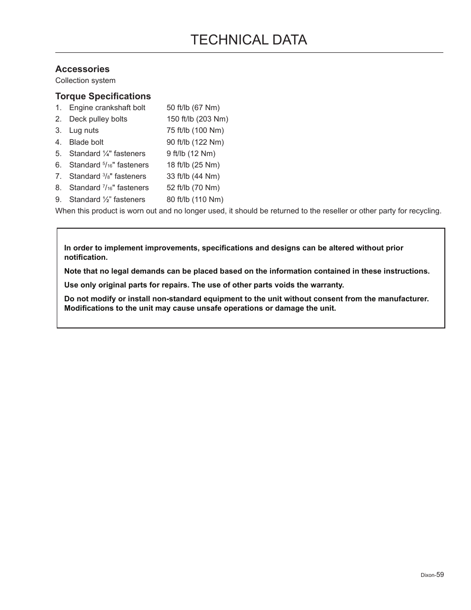 Accessories, Torque specifications, Technical data | Dixon Kodiak 965884601 User Manual | Page 59 / 72