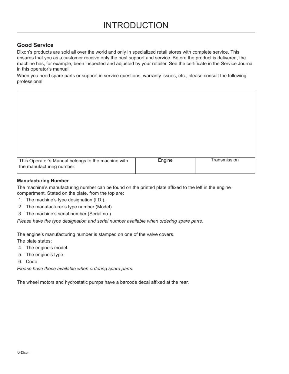 Good service, Introduction | Dixon Kodiak 965884601 User Manual | Page 6 / 72